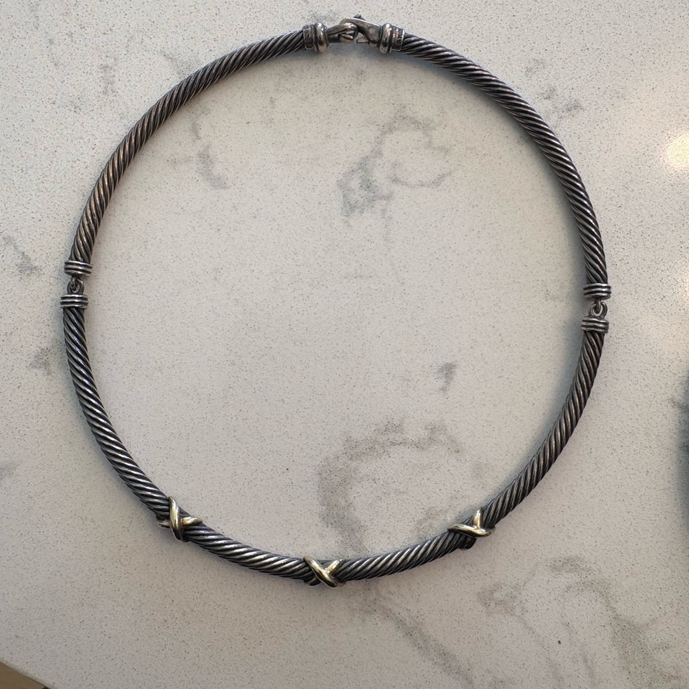 David Yurman Textured Twisted Metal Collar Necklace with 14k Gold Accent Rings